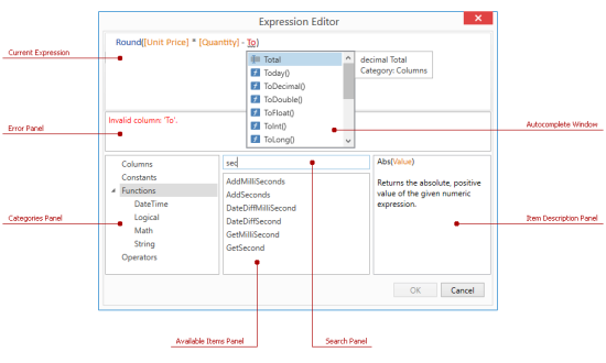 The elements of the expression editor: current expression, error panel, categories panel, available items panel, search panel, autocomplete window, and item description panel.